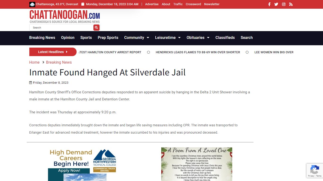 Inmate Found Hanged At Silverdale Jail - Chattanoogan.com